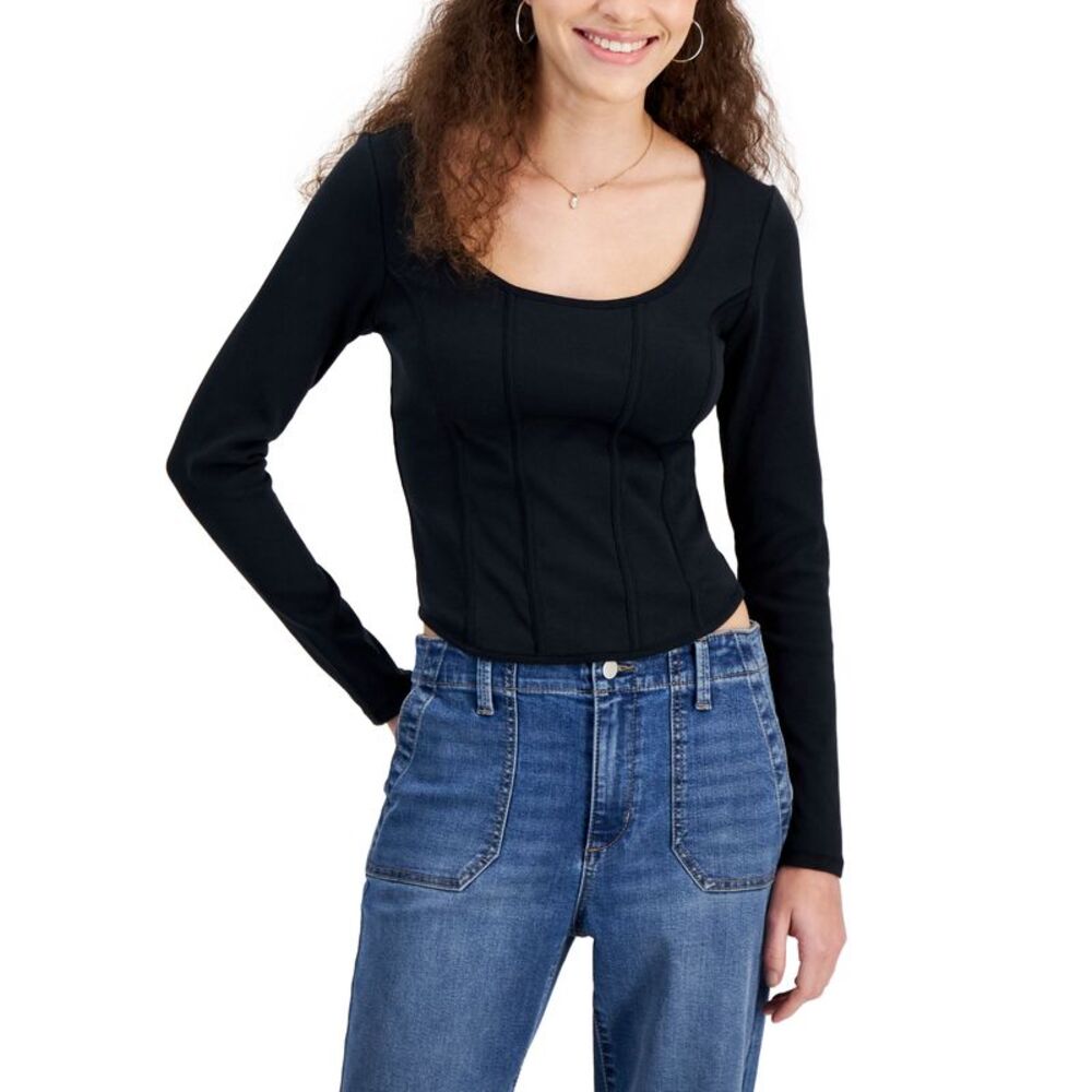 Crave Fame Juniors' Long-Sleeve Corset Knit Top